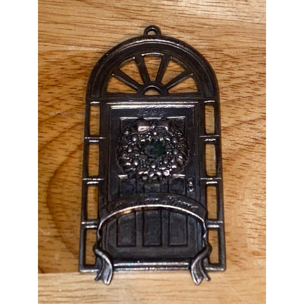 Our New Home 1999 Christmas Door Pewter Tree Ornament With Wreath & Ribbon